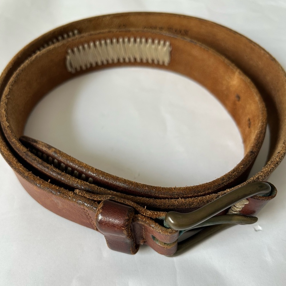 Vintage brown leather belt with cream color contrast stitching